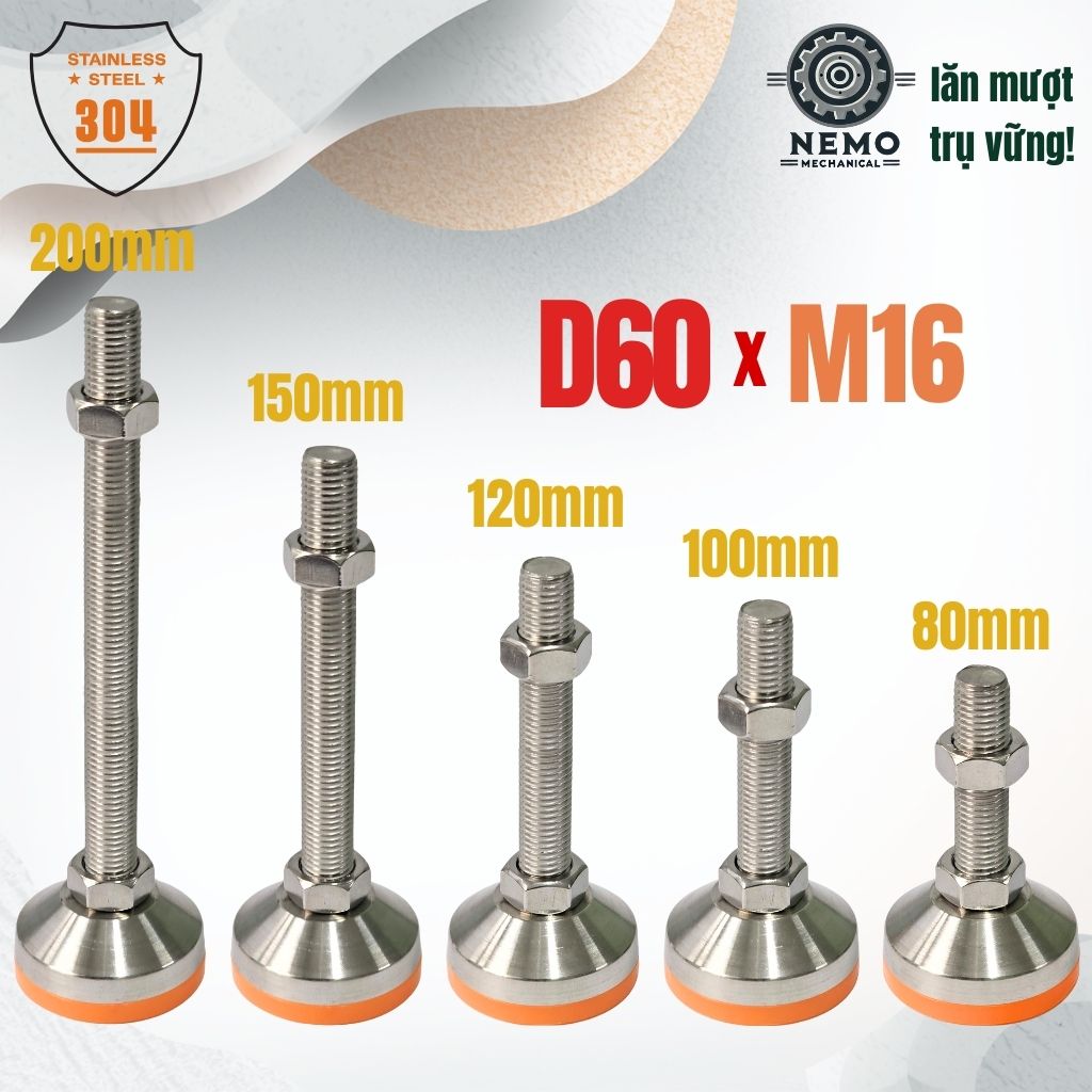 Chân Tăng Chỉnh Inox 304 Ren M16 – Đế Bát Dày Chịu Tải Siêu Nặng 800kg, Chống Ăn Mòn Tuyệt Đối